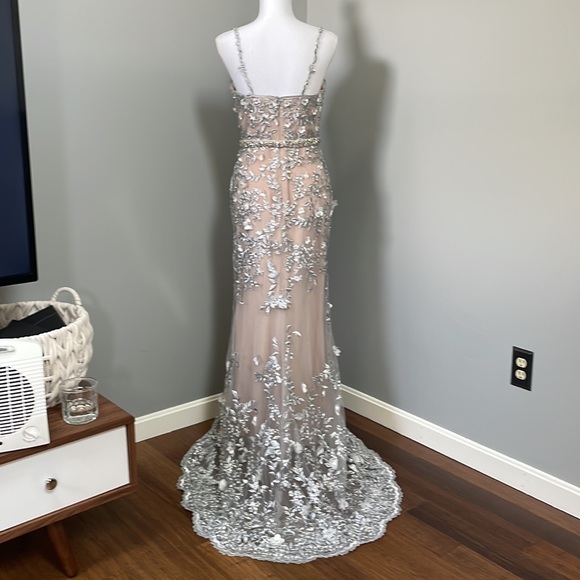 MONTAGE by Mon Cheri - Silver/Nude Embroidered Lace & Tulle Gown - Picture 4 of 16